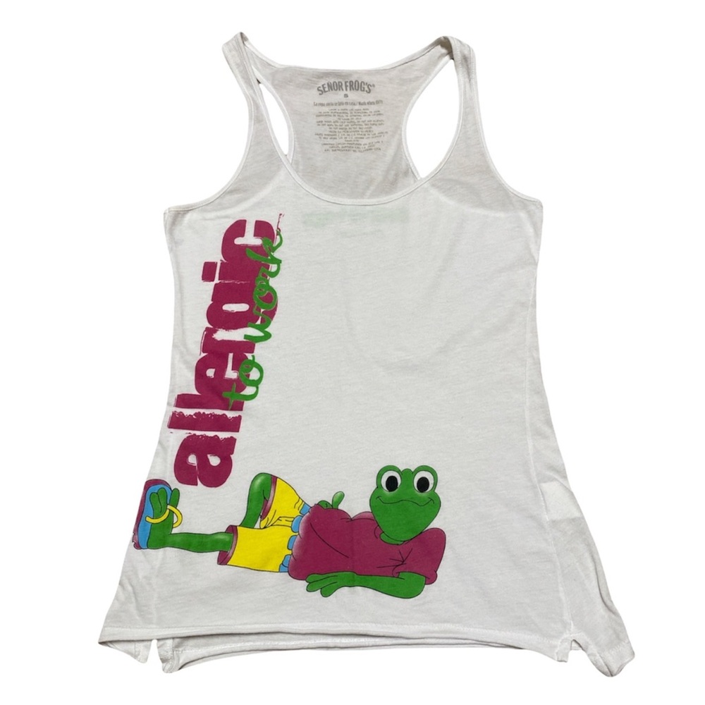 Senor Frogs Tank Top Women’s S Cancun Mexico Allergic to Work Racerback Shirt
